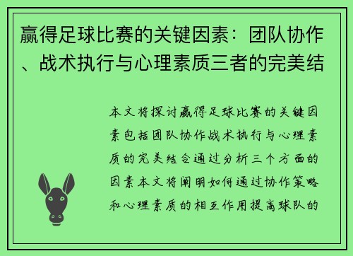 赢得足球比赛的关键因素：团队协作、战术执行与心理素质三者的完美结合